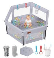 NEW EAQ Foldable Baby Playpen, 49.2"x49.2"x26", Gray with Multicolor Accessories