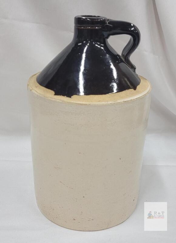 Vintage Two-Tone Stoneware Crock Jug . Measures 12.5" tall . Small Chip on edge