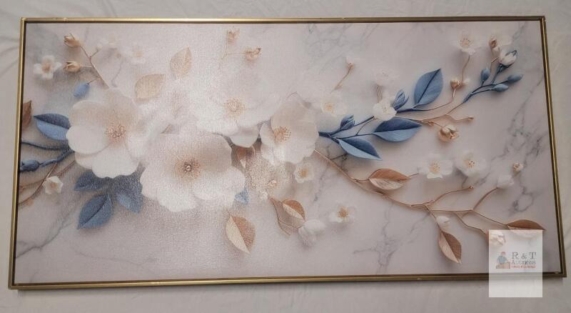 NEW Framed Floral Canvas Wall Art 47"x24", Blue & Gold Flowers, Textured Print, Brass-Tone Frame