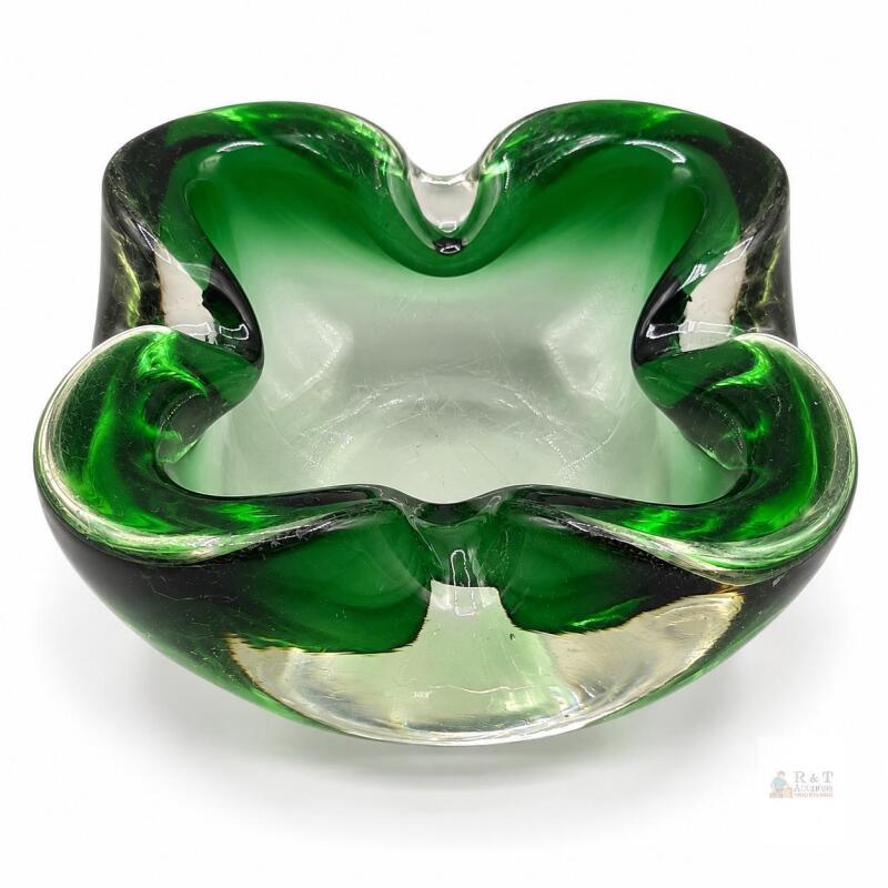 MCM Green & Clear Art Glass Ashtray with Scalloped Rim