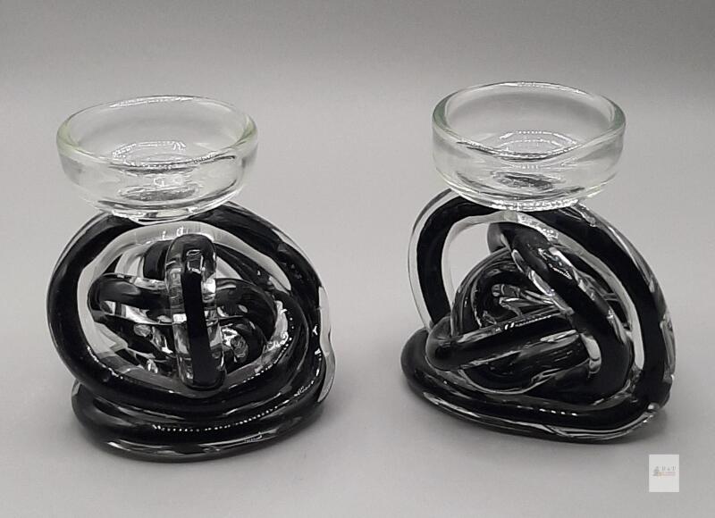 Hand-Blown Glass Candle Holders, Black & Clear Art Knot Design, Pair, Tea Light Compatible