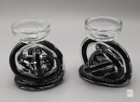 Hand-Blown Glass Candle Holders, Black & Clear Art Knot Design, Pair, Tea Light Compatible