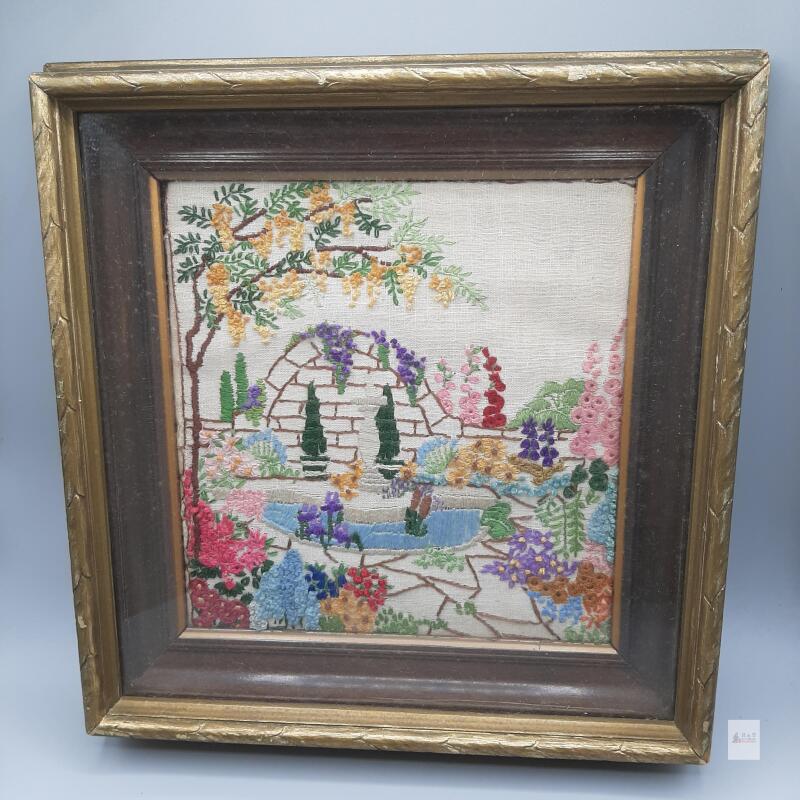 Framed Vintage Hand-Embroidered Garden Scene, 12"x12", Gilded Wood Frame