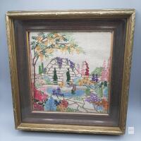 Framed Vintage Hand-Embroidered Garden Scene, 12"x12", Gilded Wood Frame