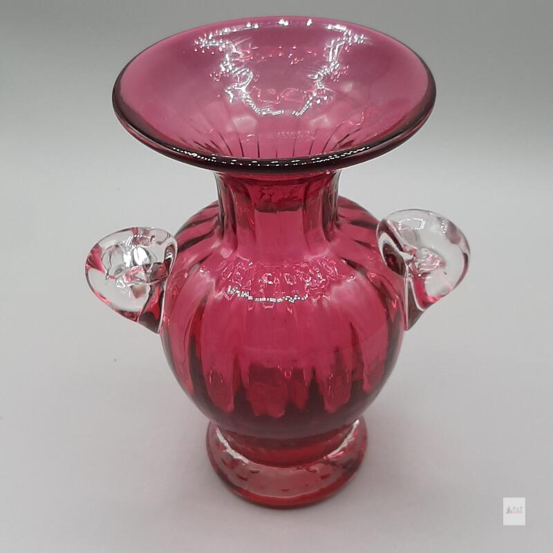 Cranberry Hand-Blown Art Glass Vase, Double Clear Handles, Flared Rim, Approx 8 in Tall