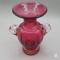 Cranberry Hand-Blown Art Glass Vase, Double Clear Handles, Flared Rim, Approx 8 in Tall