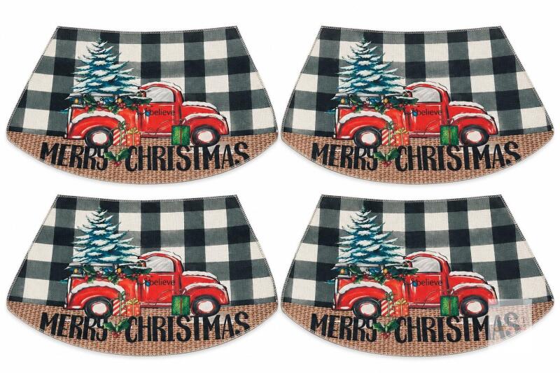 Set of 4 Christmas Placemats Buffalo Plaid with Red Truck Design