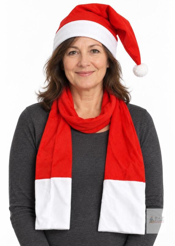 Classic Red & White Santa Hat and Scarf Set &ndash; Adult Size, Polyester Fleece, Festive Christmas Costume