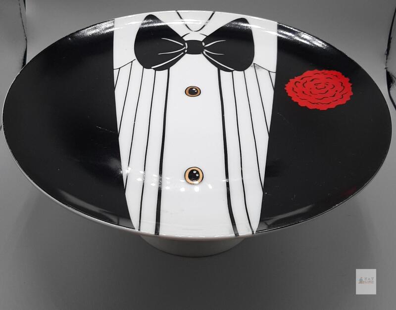 Amram&rsquo;s Japan Tuxedo Pedestal Cake Stand, Porcelain, Black & White Bow Tie Red Rose, 10" Diameter
