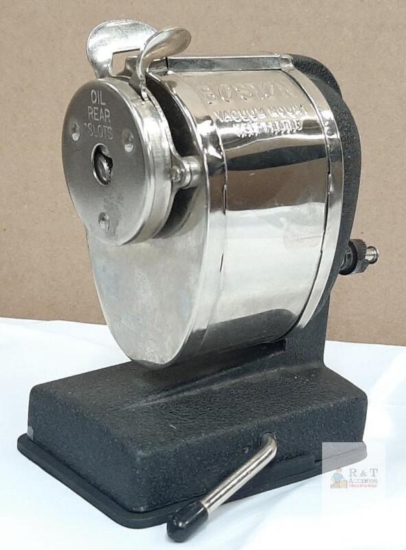 Boston Vacuum Mount Self Feeder Manual Pencil Sharpener, Chrome/Black, Circa 1950s-60s
