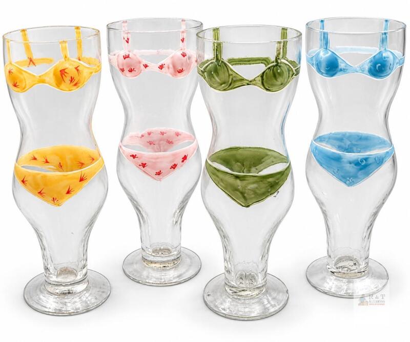 Two's Company FULL SET! 80's Bikini Girl Glass, 16 oz Capacity, Hand-Painted Design