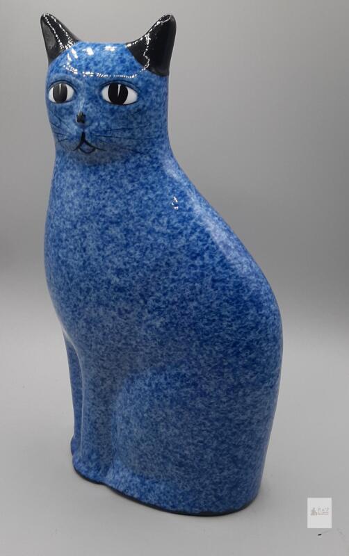 Blue Speckled Ceramic Cat Figurine, Gloss Finish, Modern Minimalist 10"