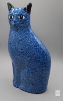Blue Speckled Ceramic Cat Figurine, Gloss Finish, Modern Minimalist 10"