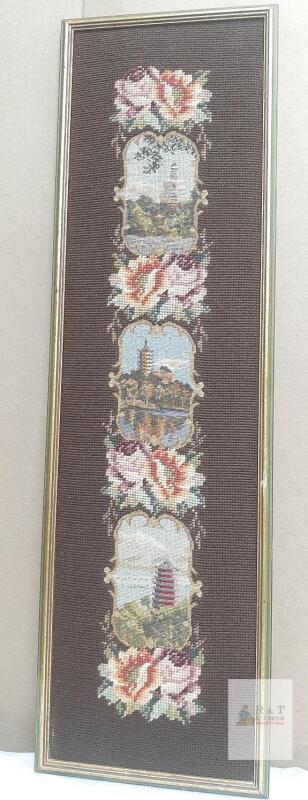 Framed Needlepoint Art &ndash; Scenic Landscapes with Florals, 28"x10", Vintage Professionally Framed