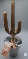 Handcrafted Indian Saguaro Cactus Metal Sculpture, Silver Pot, Bronze Finish, Tabletop Decor