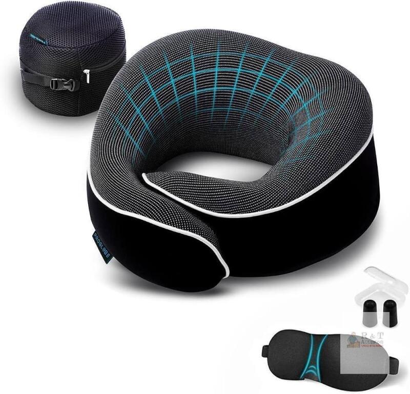 NEW PROGLOBE Essential Memory Foam Ergonomic Neck Pillow with Bag, Sleep Mask, Earplugs, Nose Clip