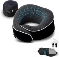 NEW PROGLOBE Essential Memory Foam Ergonomic Neck Pillow with Bag, Sleep Mask, Earplugs, Nose Clip