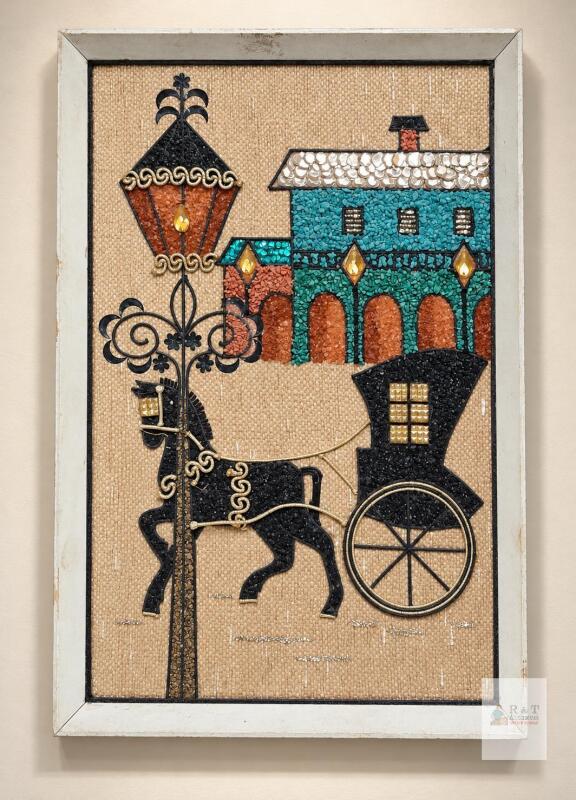 Framed 1970s String Art Wall Hanging &ndash; Horse & Carriage Scene,