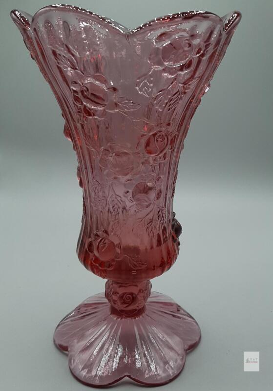 Vintage Pink Pressed Glass Vase with Raised Rose Pattern