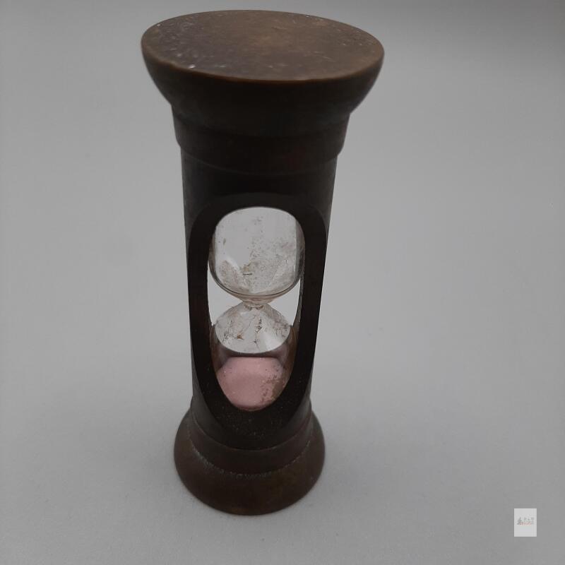 Antique Brass Hourglass with Pink Sand, 3-Minute Timer, 3.5" Tall, Glass Ampoule, Circa 1900