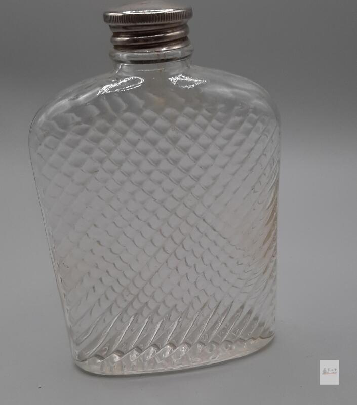 Vintage Universal Glass Hip Flask, 1927, 6 oz, Diagonal Ribbed Design, Metal Screw Cap