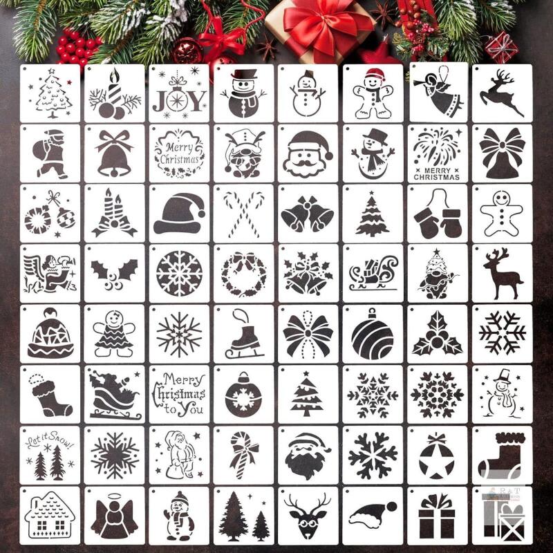 New 64Pcs Christmas Stencils for Painting , Reusable DIY Painting Templates