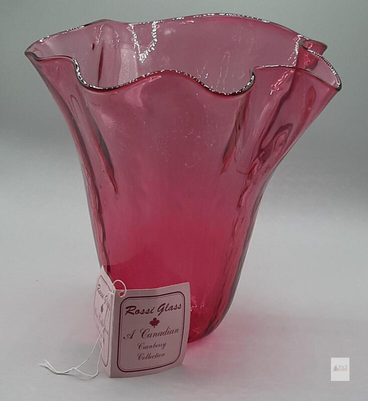 Rossi Glass Canadian Cranberry Collection Vase, Handblown Crystal Fused with 18K Gold, 9"x9"