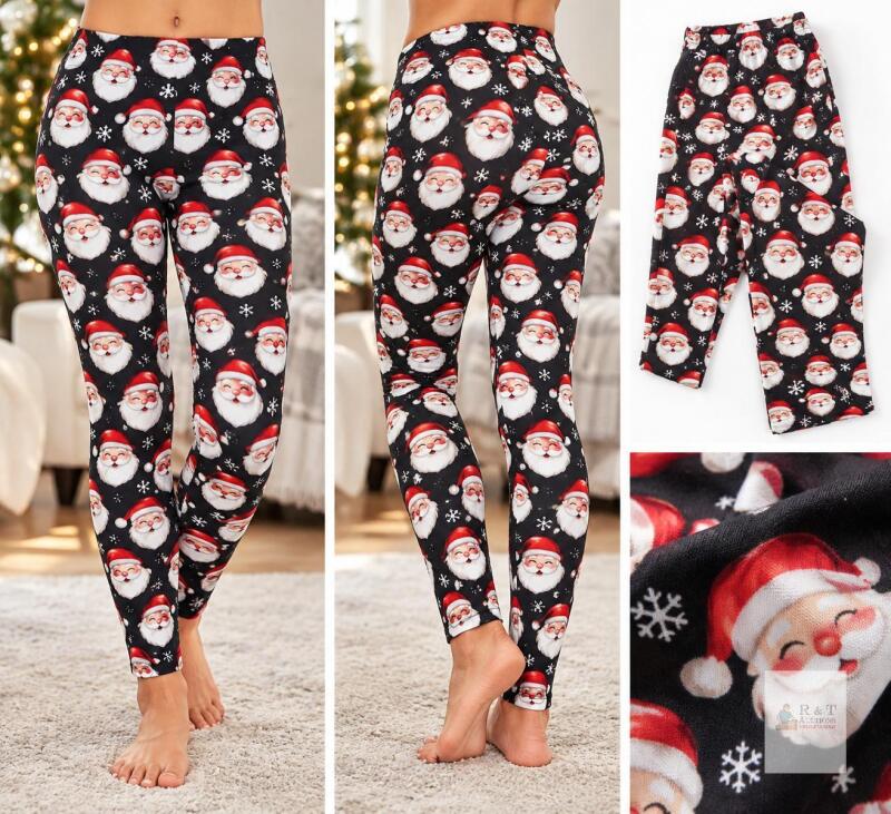 NEW XXL Santa Claus Print Pajama Pants, Unisex, Black, Elastic Waist, Christmas Pattern, Polyester