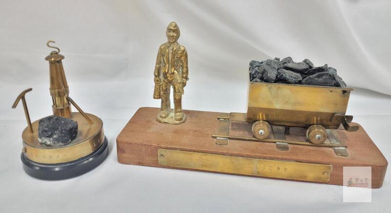 Bedwas Colliery Brass Mining Memorabilia Desk Ornament with Miner's Lamp and Tools