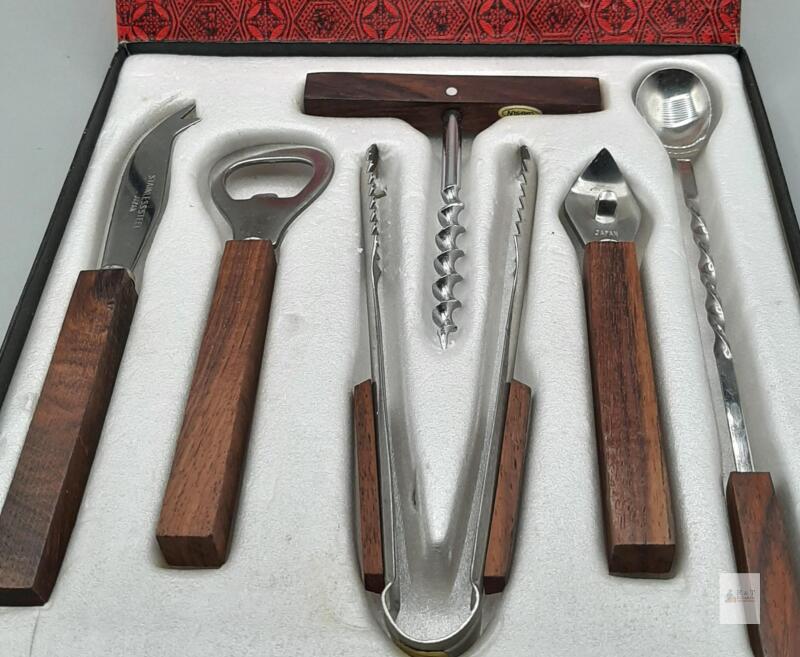 MCM 6-Piece Japanese Bar Tool Set, Stainless Steel and Rosewood, Original Box, 1960s-70s Japan