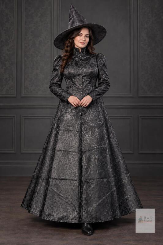New Victorian Gothic Witch Costume Set, Size Large, Satin Jacquard, Shirt Skirt Hat, Black. First photo example may not be exactly as demonstrated