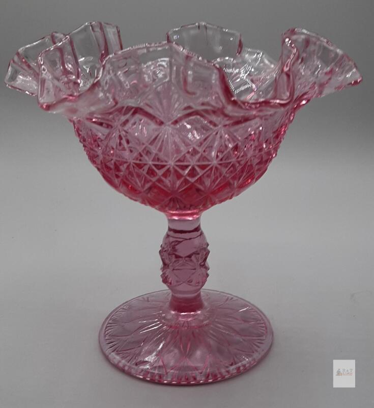 Fenton Pink Pressed Glass Compote, Ruffled Edge, Colonial Pineapple Pattern, 1960s