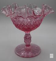 Fenton Pink Pressed Glass Compote, Ruffled Edge, Colonial Pineapple Pattern, 1960s