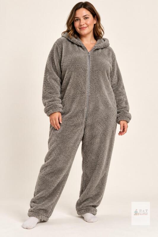 New Grey Plush Hooded Zip-Up Onesie with Buttoned Drop Seat &ndash; XL