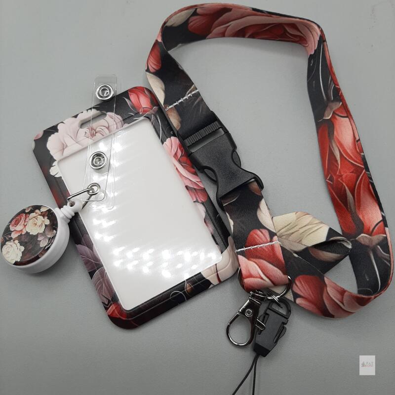 NEW Floral Pattern Lanyard Set with Retractable Badge Reel, Snap Buckle, ID Card Holder, 18-20" Length