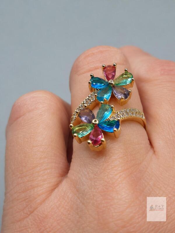 New Size 7.5 Multi colored Ziron Double Flower Gold Plated Stainless Steel