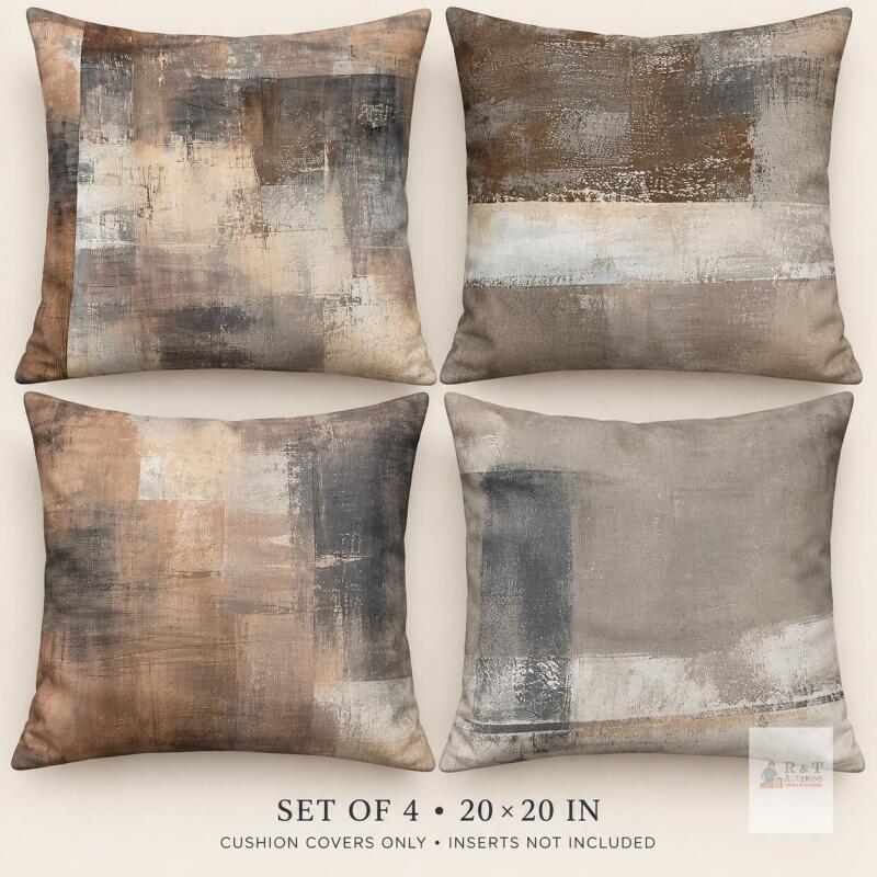 new Abstract Modern Set of 4 Decorative Pillow Covers, 20"x20", Neutral Tones, Polyester/Cotton Blend