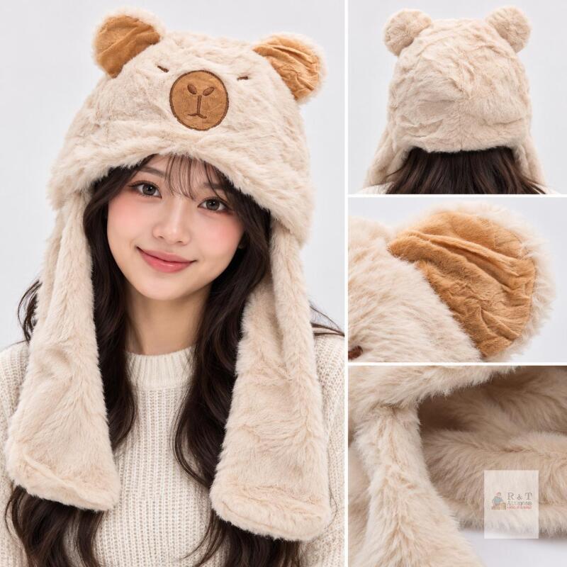 New Cream Faux Fur Capybara Hat with 3D Ears, Embroidered Face & Long Ear Flaps