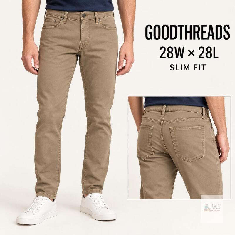 New sz 28W x 28L Good Threads Mens Slim-Fit 5-Pocket Comfort Stretch Chino Pant Light Khaki Brown