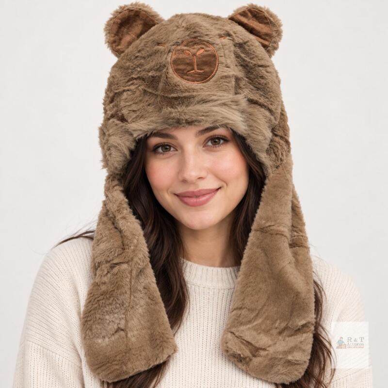 New Soft Brown Faux Fur Capybara Hat with 3D Ears, Embroidered Face & Long Ear Flaps