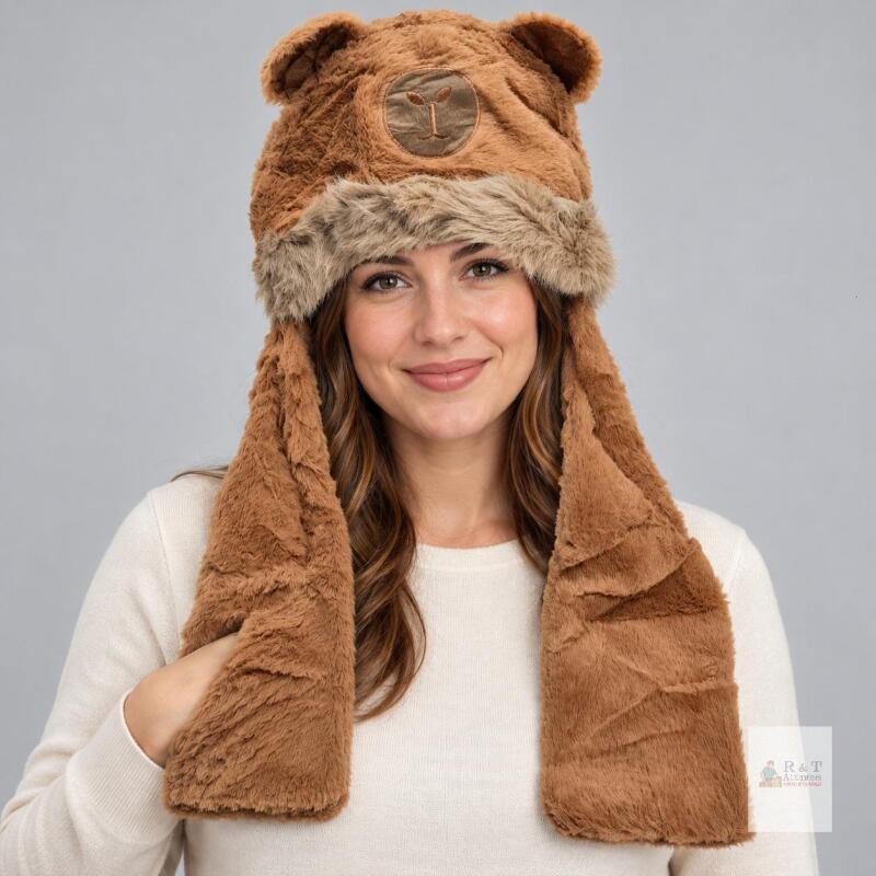 New Brown Faux Fur Capybara Hat with 3D Ears, Embroidered Face & Long Ear Flaps