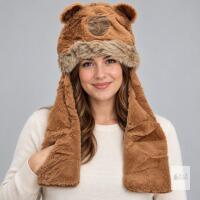 New Brown Faux Fur Capybara Hat with 3D Ears, Embroidered Face & Long Ear Flaps