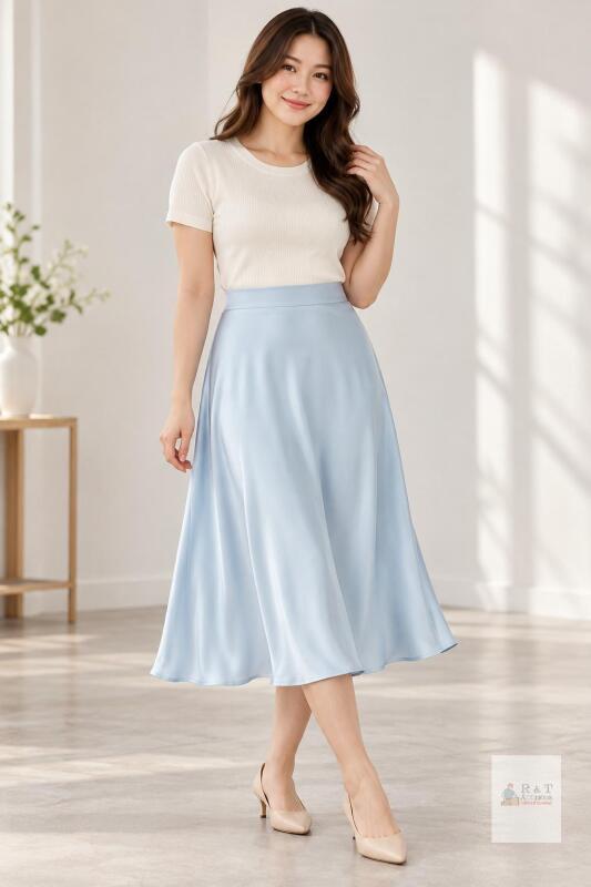 NEW Amy Babe Women's Silky Satin Midi Skirt, Baby Blue, Size Large, A-line, High Waist