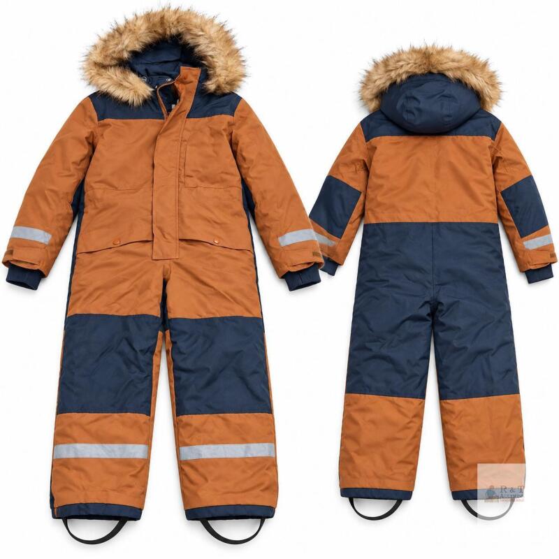 New Size 150 Children&rsquo;s Rust & Navy One-Piece Snowsuit with Fur-Trimmed Hood