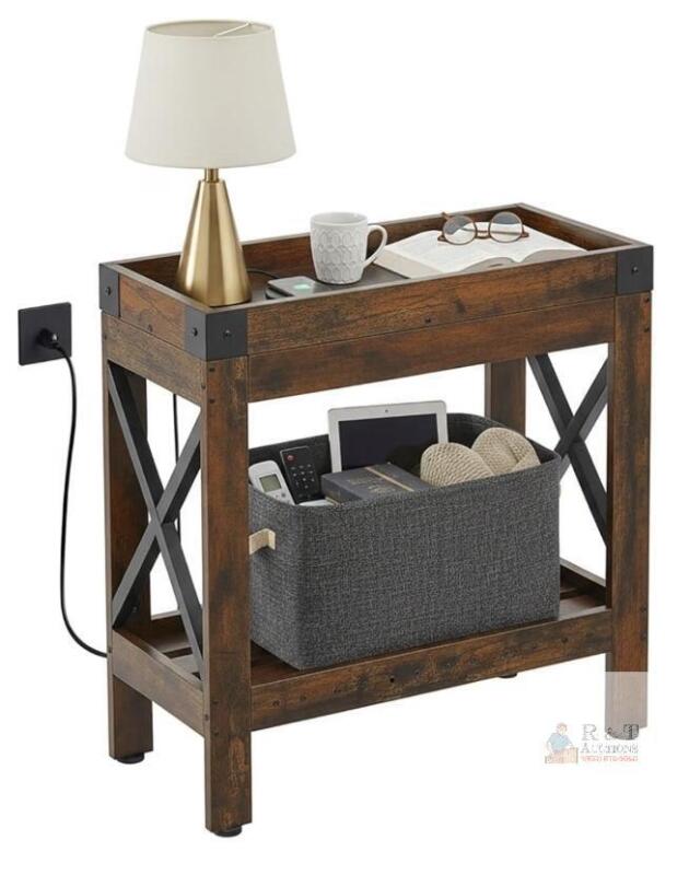 NEW Rustic Brown Narrow Side Table with USB & Power Outlets 21.7" x 9.85" x 21.7" Metal Frame