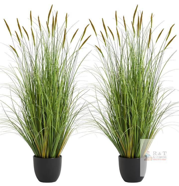 2 NEW 4ft Artificial Cattail Reed Grass 2-Pack, Potted Plant, Indoor/Outdoor, Green, 7in Pot, by KOL