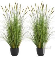 2 NEW 4ft Artificial Cattail Reed Grass 2-Pack, Potted Plant, Indoor/Outdoor, Green, 7in Pot, by KOL