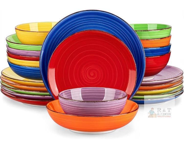 NEW vancasso Bonita 24-Piece Multicolor Stoneware Dinnerware Set, Plates & Bowls, Handpainted Spiral