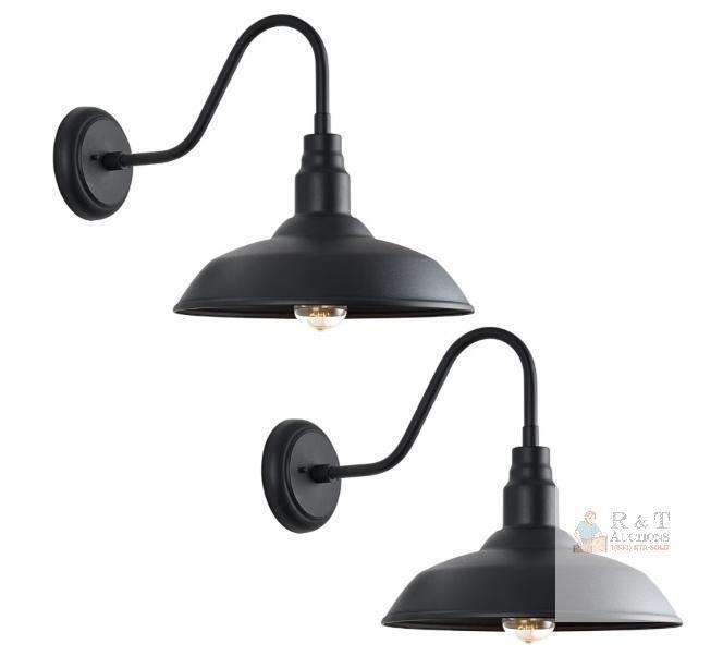 NEW Set of 2 Matte Black Outdoor Gooseneck Wall Light Fixtures, 10" Shade, Farmhouse Style