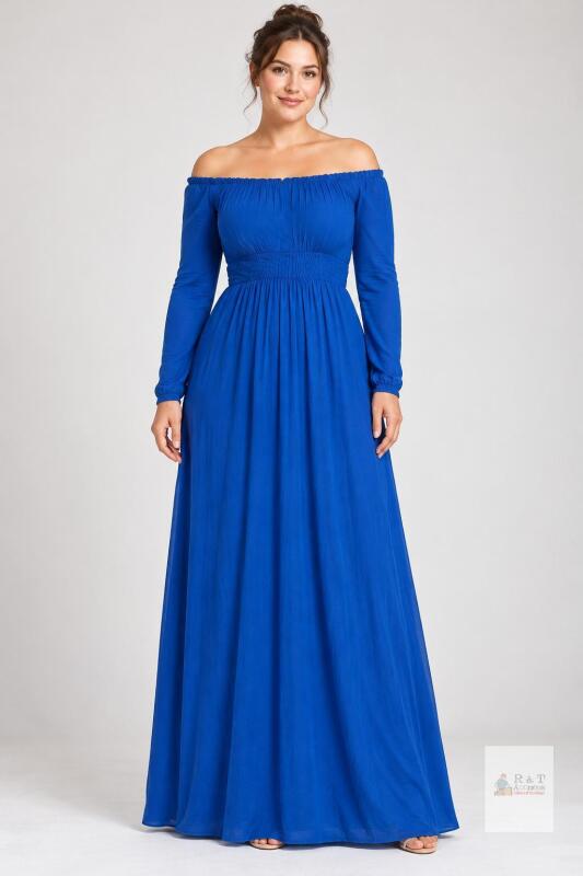 new Royal Blue Long Sleeve Maxi Dress, Size Large, Off-Shoulder, Solid Color
